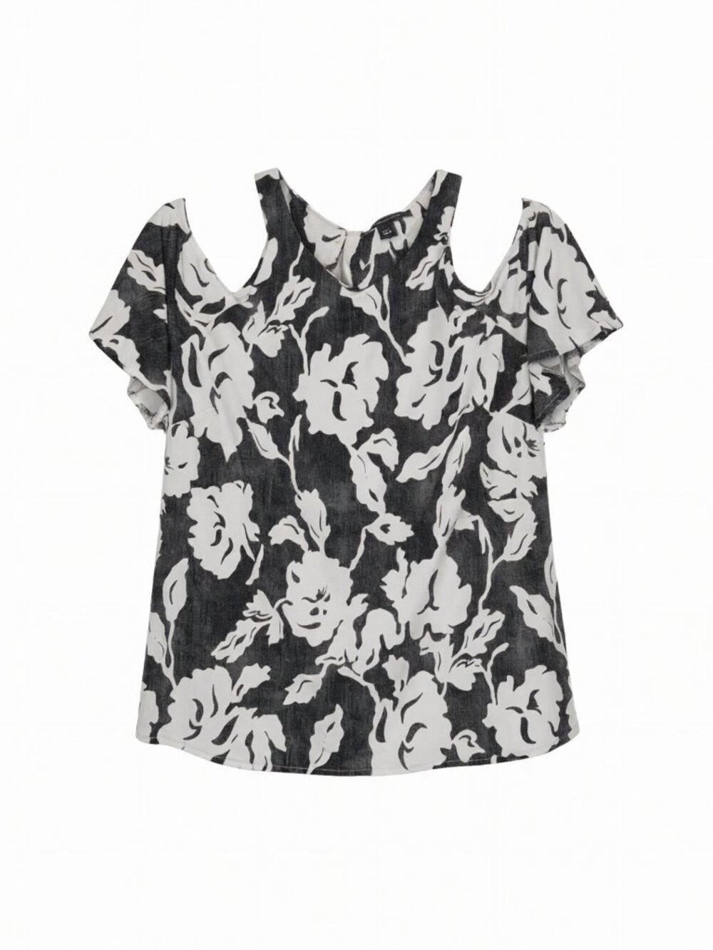INC Women's Cold Shoulder Floral Top L Black White Polyester Blouse